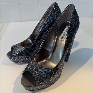 BNIB Steve Madden Sz10 chunky glitter platform Black Peep Toe block Heels